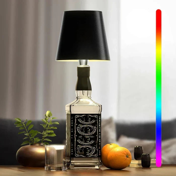 Portable wireless LED bottle lamp, rechargeable and dimmable for versatile use.