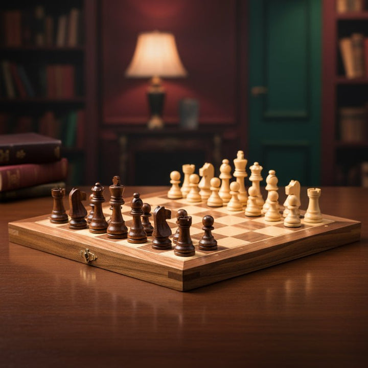 Portable magnetic wooden chess set, ideal for travel. Features a foldable board and secure magnetic pieces.