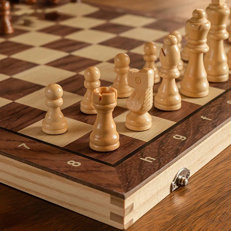Close-up of a high-quality magnetic wooden chess set, showing intricate pieces and a smooth playing board.
