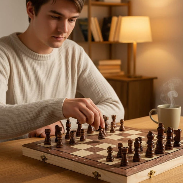 Elegant wooden magnetic chess set, a perfect family board game and gift for chess players of all ages.