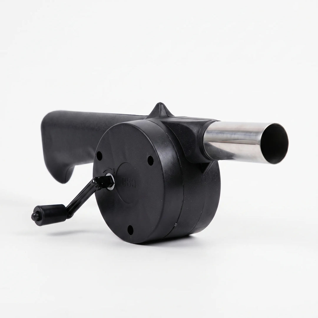 Handheld manual barbecue fan blower, perfect for speeding up charcoal fires in grills, BBQs, & campfires.