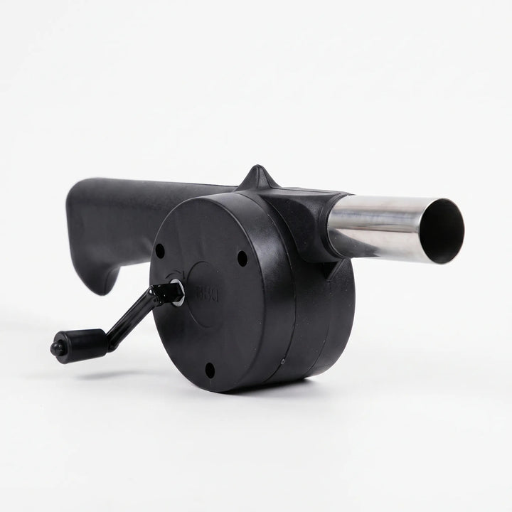 Handheld manual barbecue fan blower, perfect for speeding up charcoal fires in grills, BBQs, & campfires.