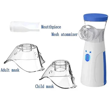 Portable mesh nebulizer delivering medication for asthma and breathing issues, health care device.