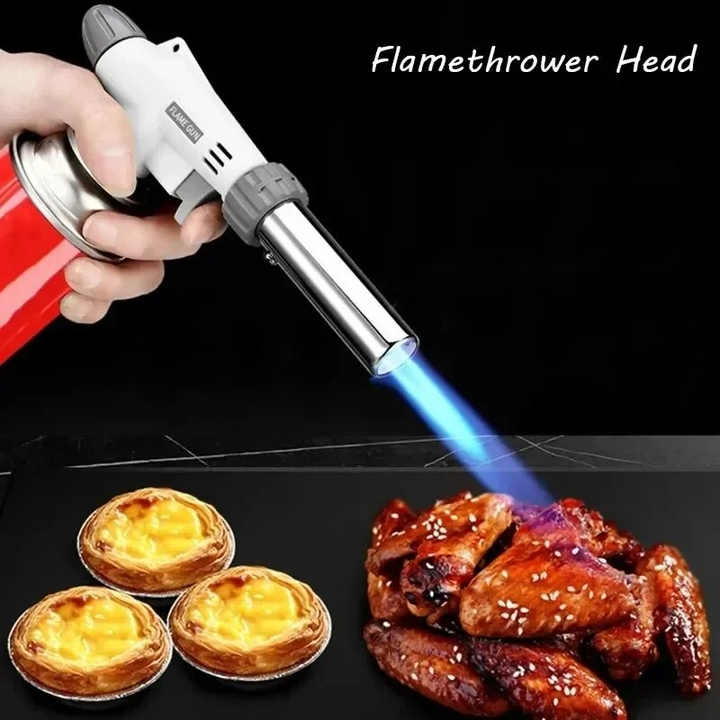 Compact metal butane torch providing a strong flame for camping and grilling