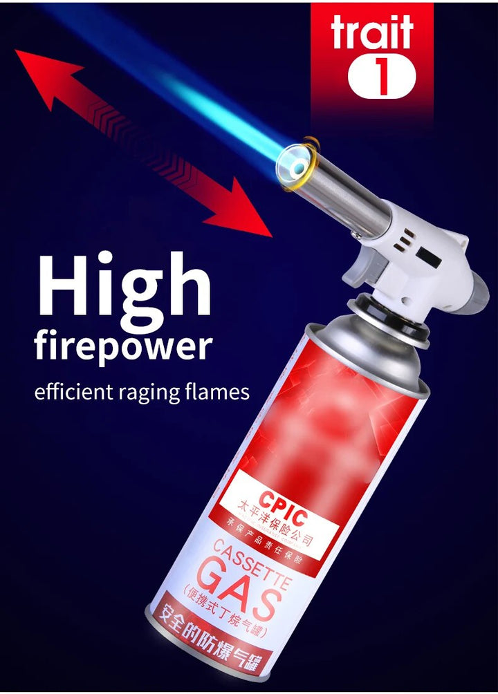 Handheld metal butane torch, an essential tool for outdoor cooking and BBQs