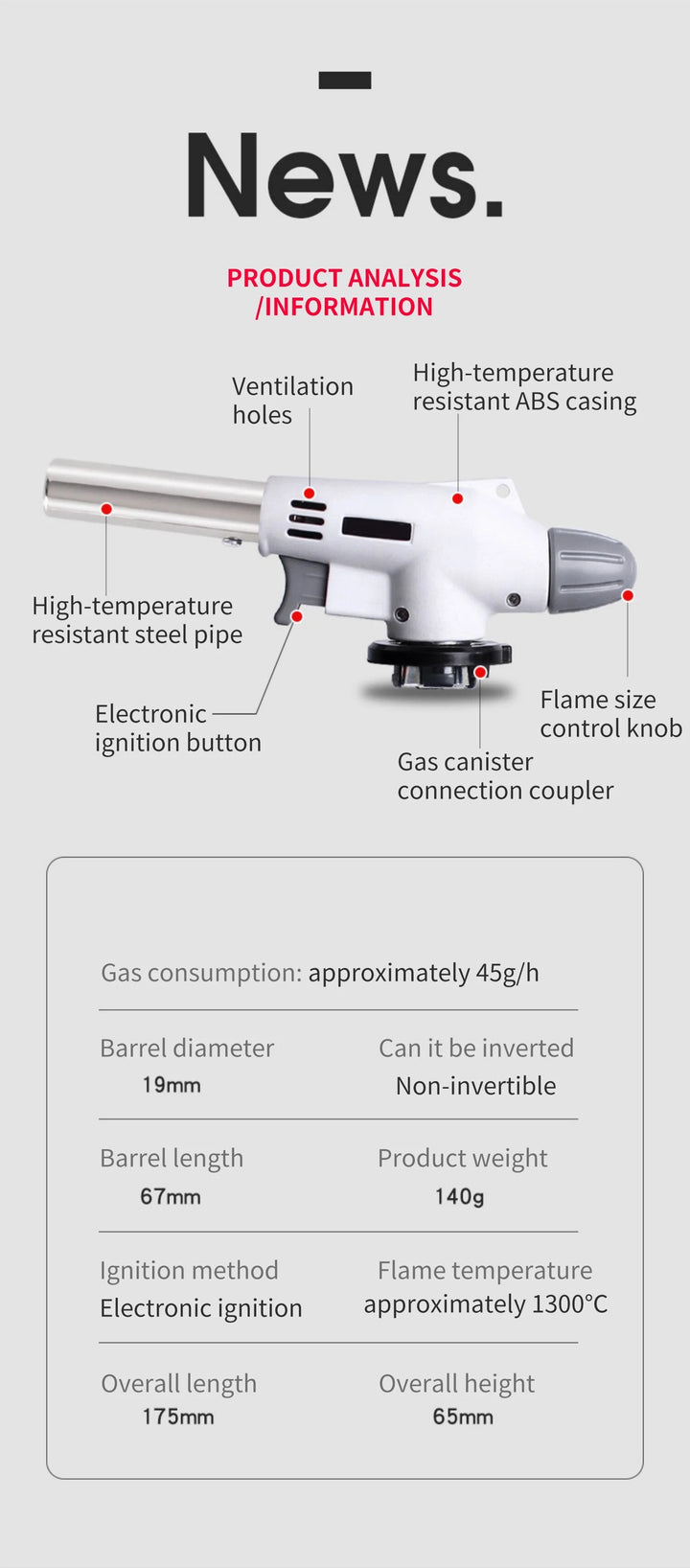 Resistant metal butane torch, essential tool for camping and grilling
