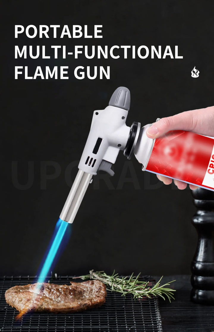 Portable butane torch for camping, BBQ, and cooking, featuring a robust metal design