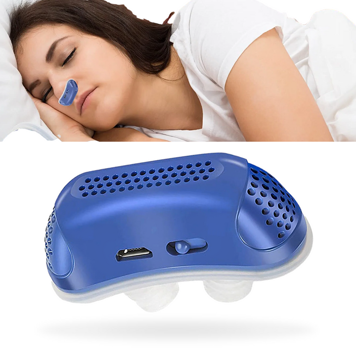 Portable Micro CPAP sleep aid for snoring & apnea. Compact anti-snoring nasal device for quiet travel sleep therapy.