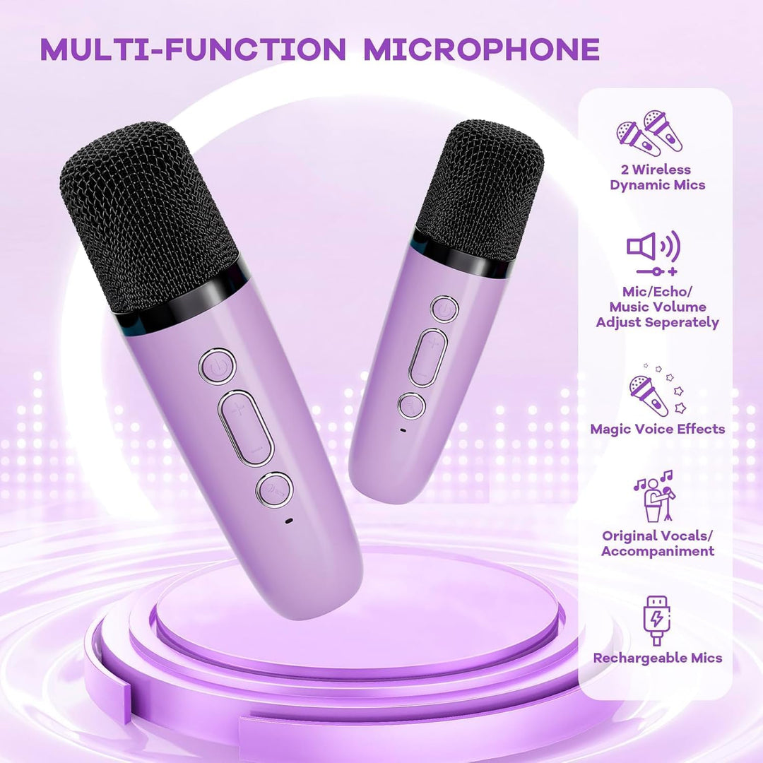 Veylo Mini Karaoke Machine set up on a table, ready for family entertainment and music playback