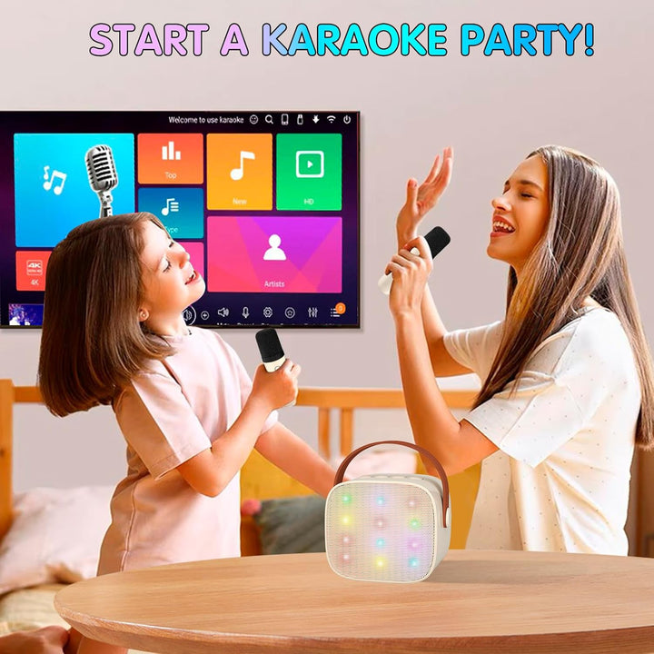 Veylo Karaoke Machine's durable casing and compact size for easy transport; includes wireless mics