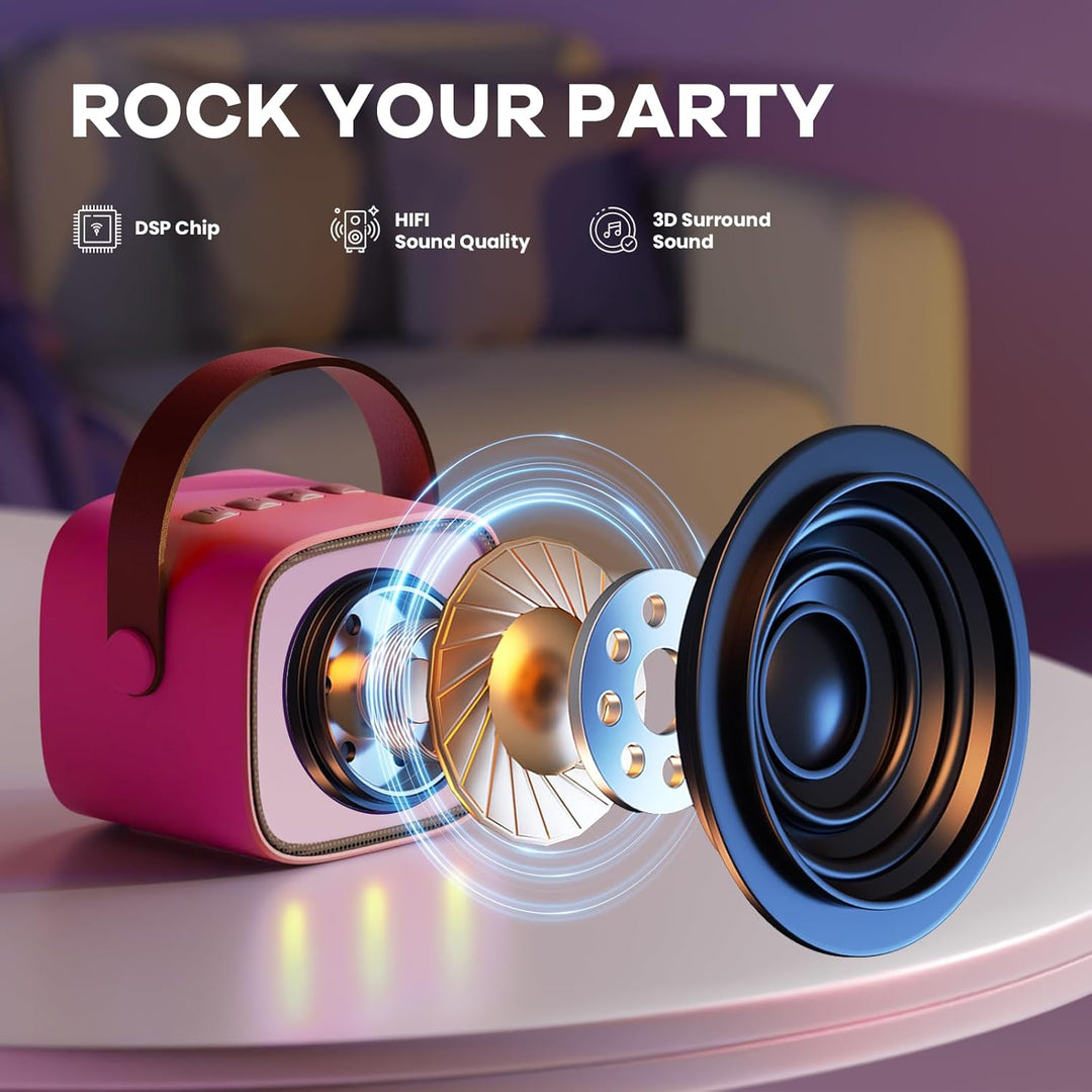 Veylo Portable Karaoke Machine with LED lights and two wireless microphones for family entertainment