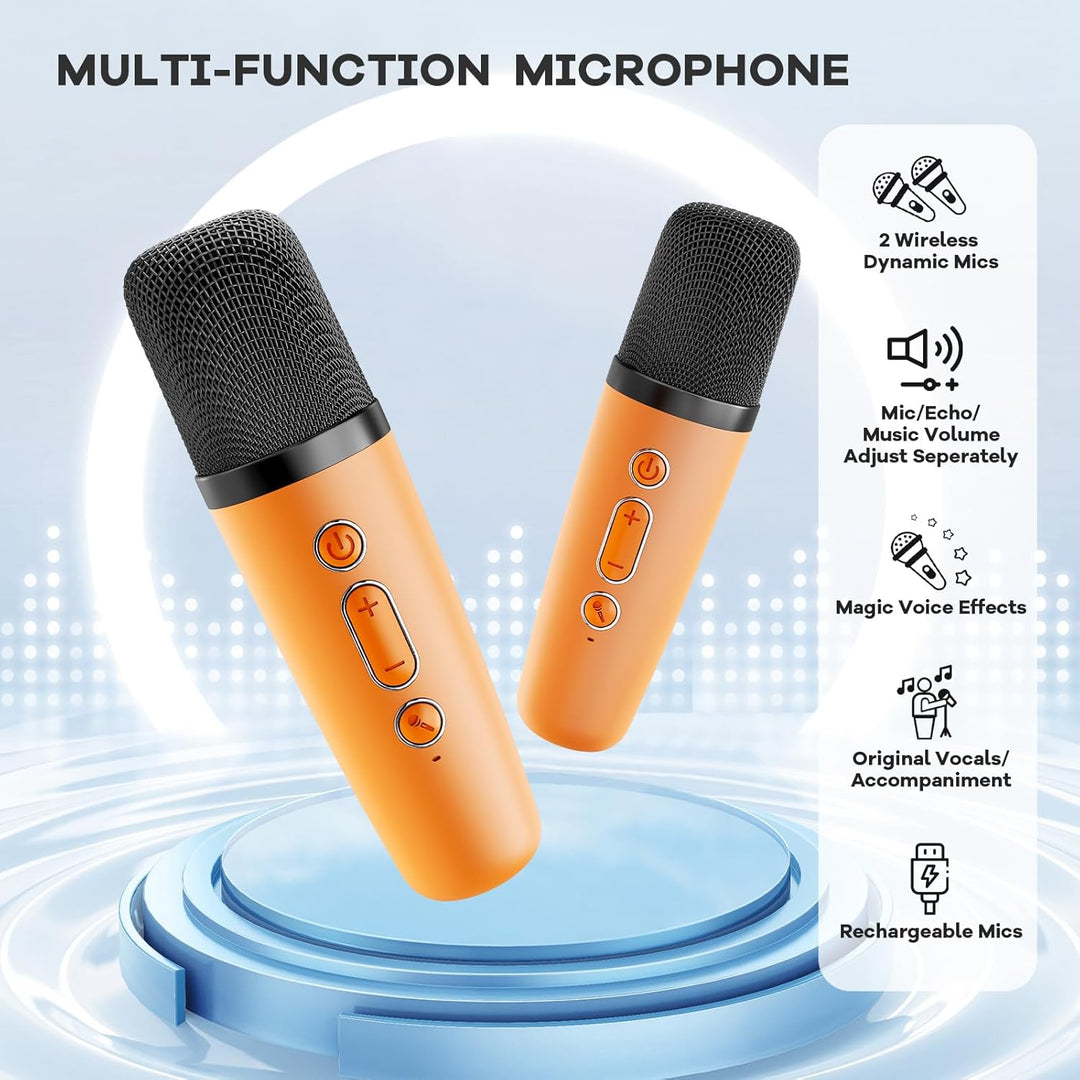 Veylo Bluetooth Karaoke Machine and two wireless microphones, ready for immediate use and fun
