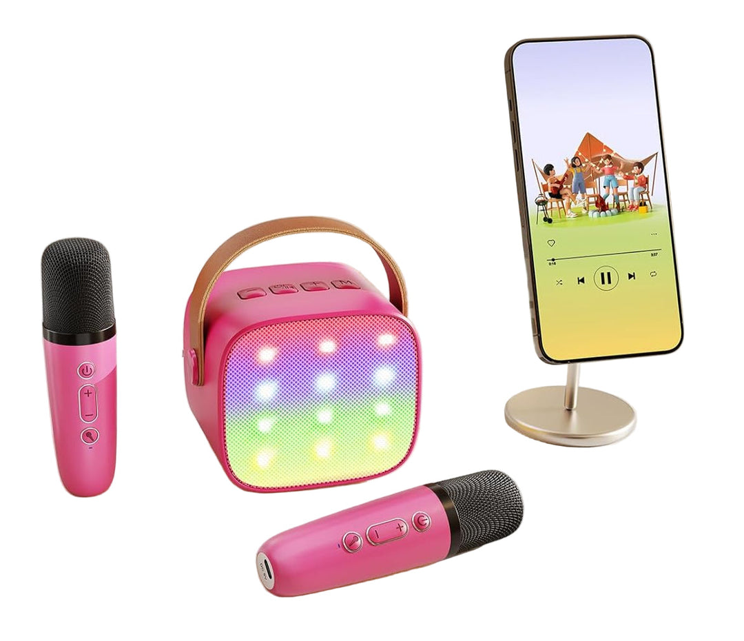 Angle view of Veylo Portable Mini Karaoke Machine, highlighting wireless microphones and sleek design