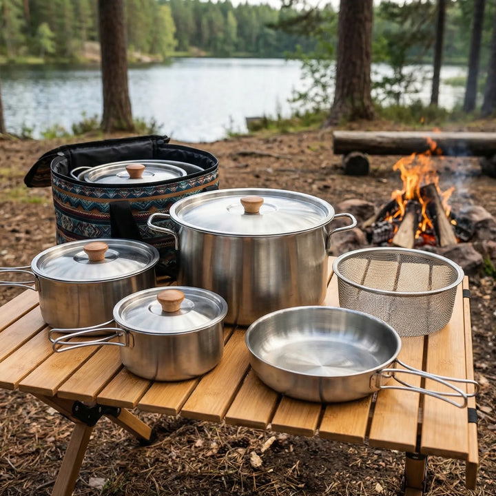 Portable multi-piece stainless steel outdoor cookware set for family camping & travel cooking adventures.