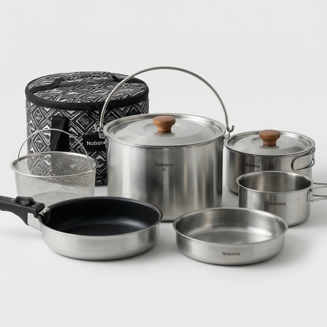 Durable stainless steel camping cookware set for families, perfect for outdoor kitchen & picnic gear.