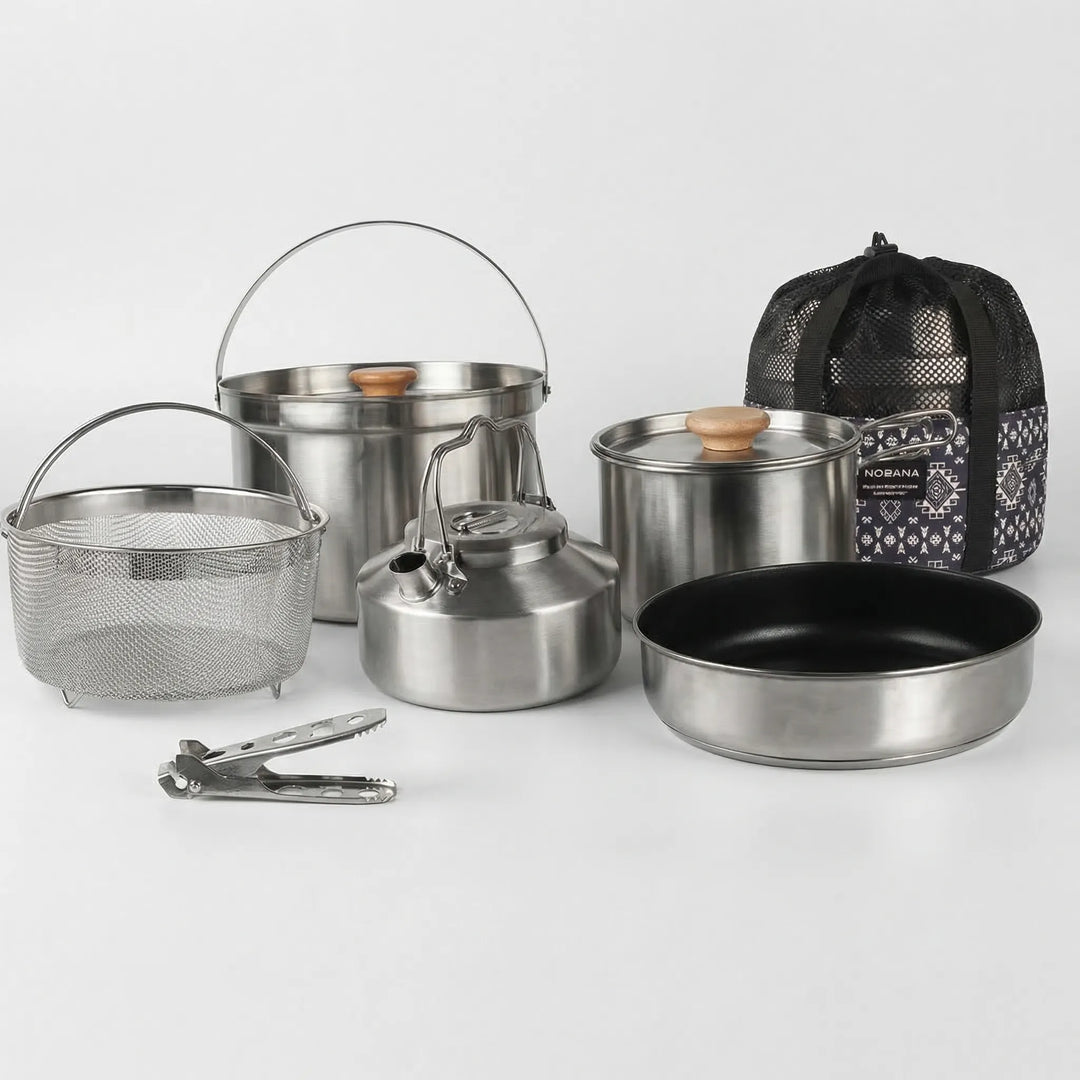 Essential stainless steel multi-piece camping cookware kit for family outdoor cooking & travel.