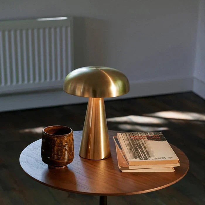 Cordless rechargeable ShroomLite mushroom lamp, versatile ambient lighting.