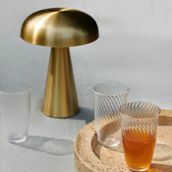 Stylish gold bronze mushroom table lamp, ShroomLite, modern home accent.