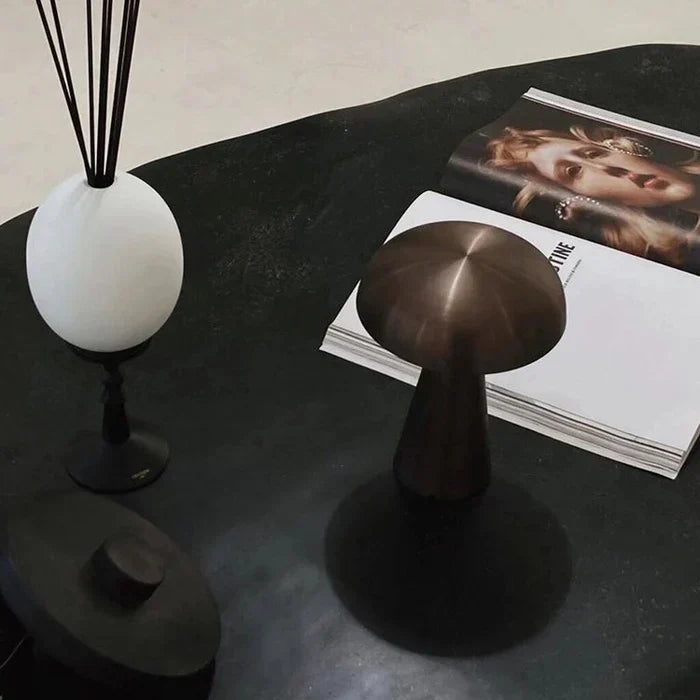 Modern portable mushroom lamp, ShroomLite, cordless and elegant ambient light.