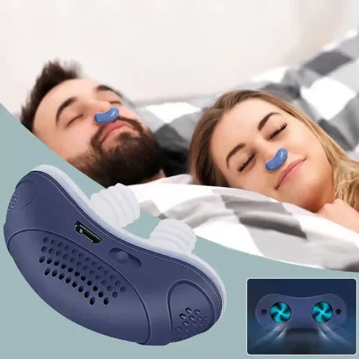Portable nasal air circulator for enhanced sleep. Micro CPAP alternative, travel-friendly anti-snoring device.