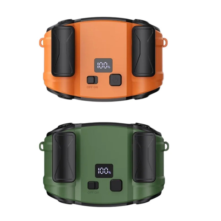 Portable neck and waist fan for hands-free cooling, ideal for outdoor activities.