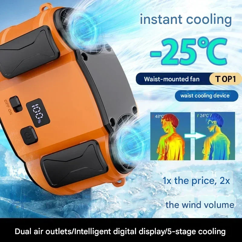 Hands-free personal cooling fan with dual vents, excellent for sports and outdoor use.