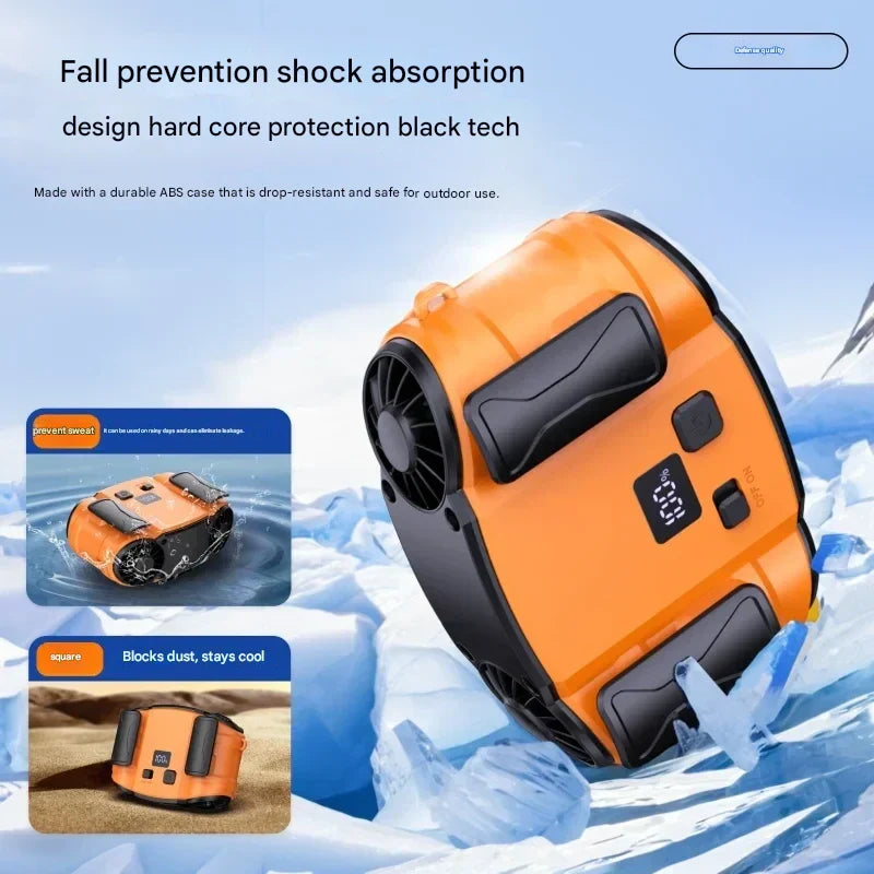 Rechargeable waist & neck fan, dual-purpose for powerful personal outdoor cooling.