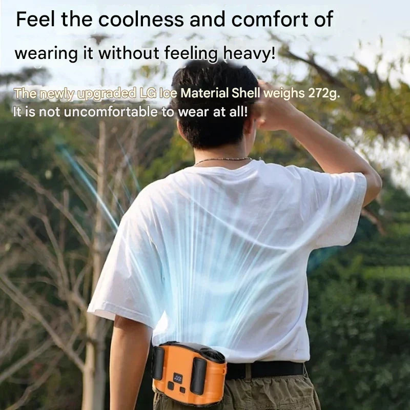 Compact hands-free fan, WindMate, designed for comfortable waist or neck wear.