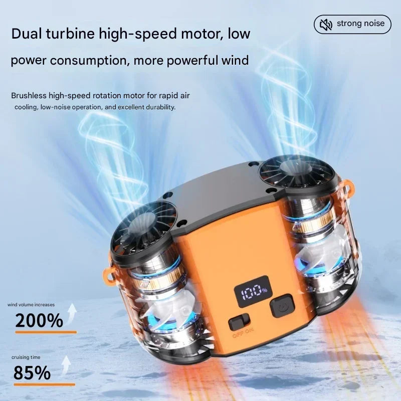 Outdoor personal fan with dual air outlets, a versatile summer essential for active users.