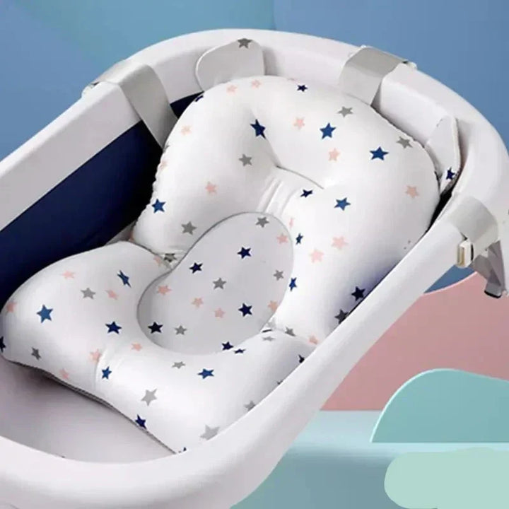 Portable non-slip baby bath mat for infant comfort & safety. Soft support for newborns during bath time.