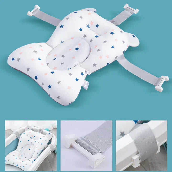 White portable non-slip baby bath mat, perfect for safe & comfortable infant bathing at home or travel.