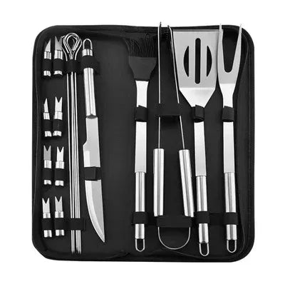 Organized portable outdoor BBQ grilling tool set, showcasing stainless steel utensils in a case.