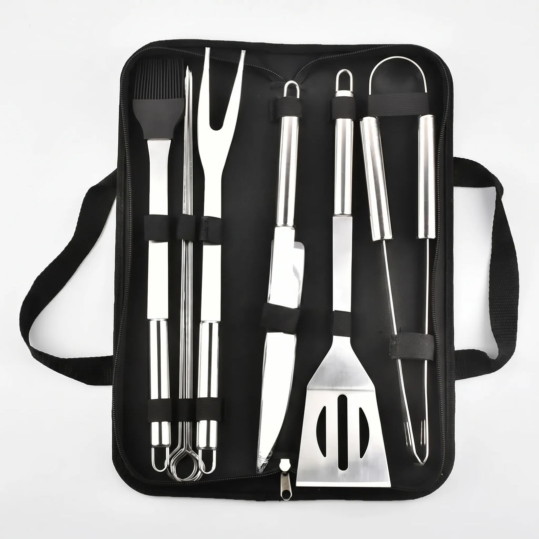 Essential portable BBQ grilling tool set for outdoor cooking, camping, and picnics.