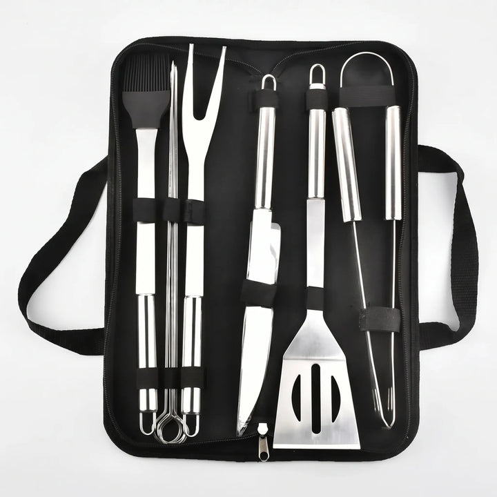 Essential portable BBQ grilling tool set for outdoor cooking, camping, and picnics.
