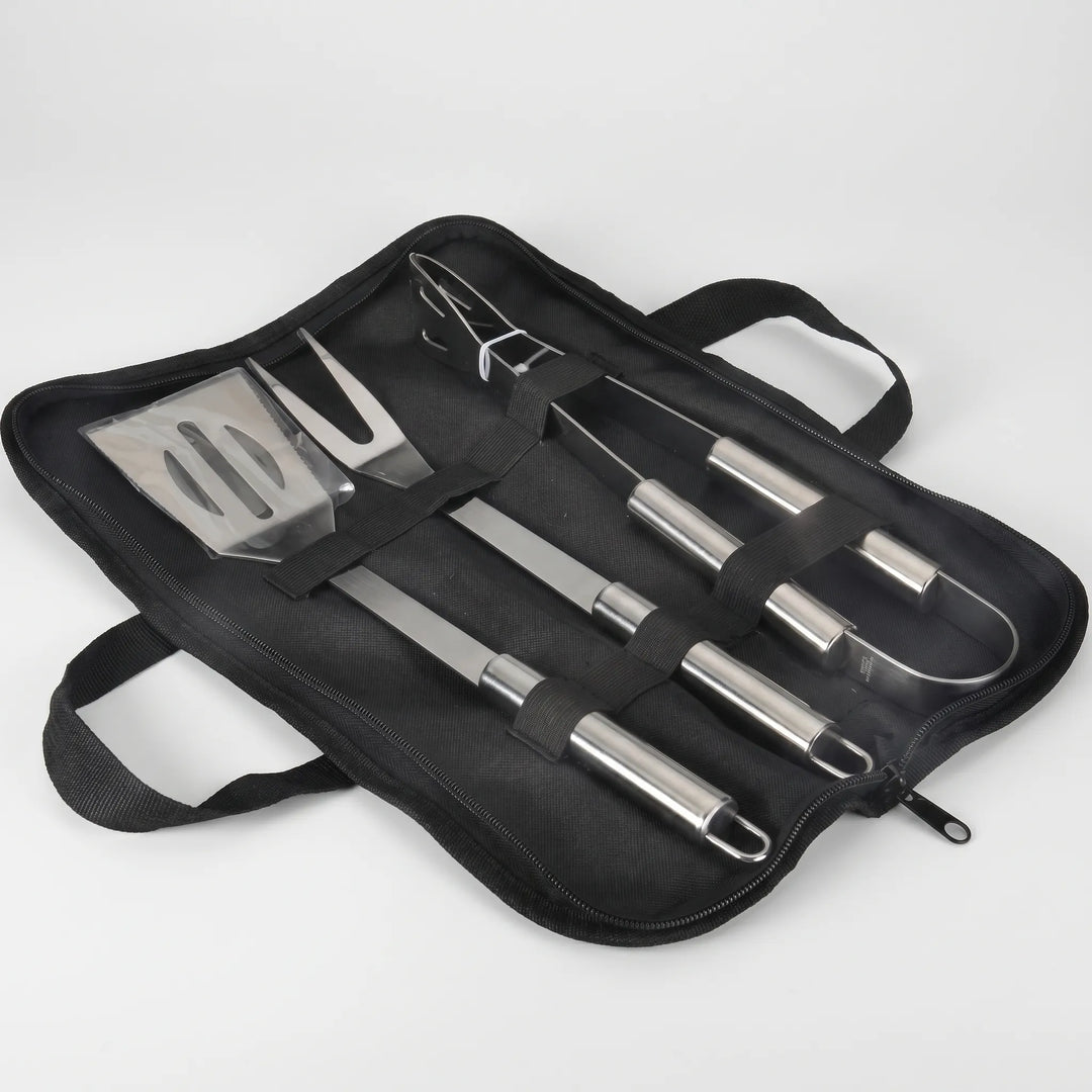 Compact and portable barbecue tool set, ideal for grilling on camping trips & picnics.