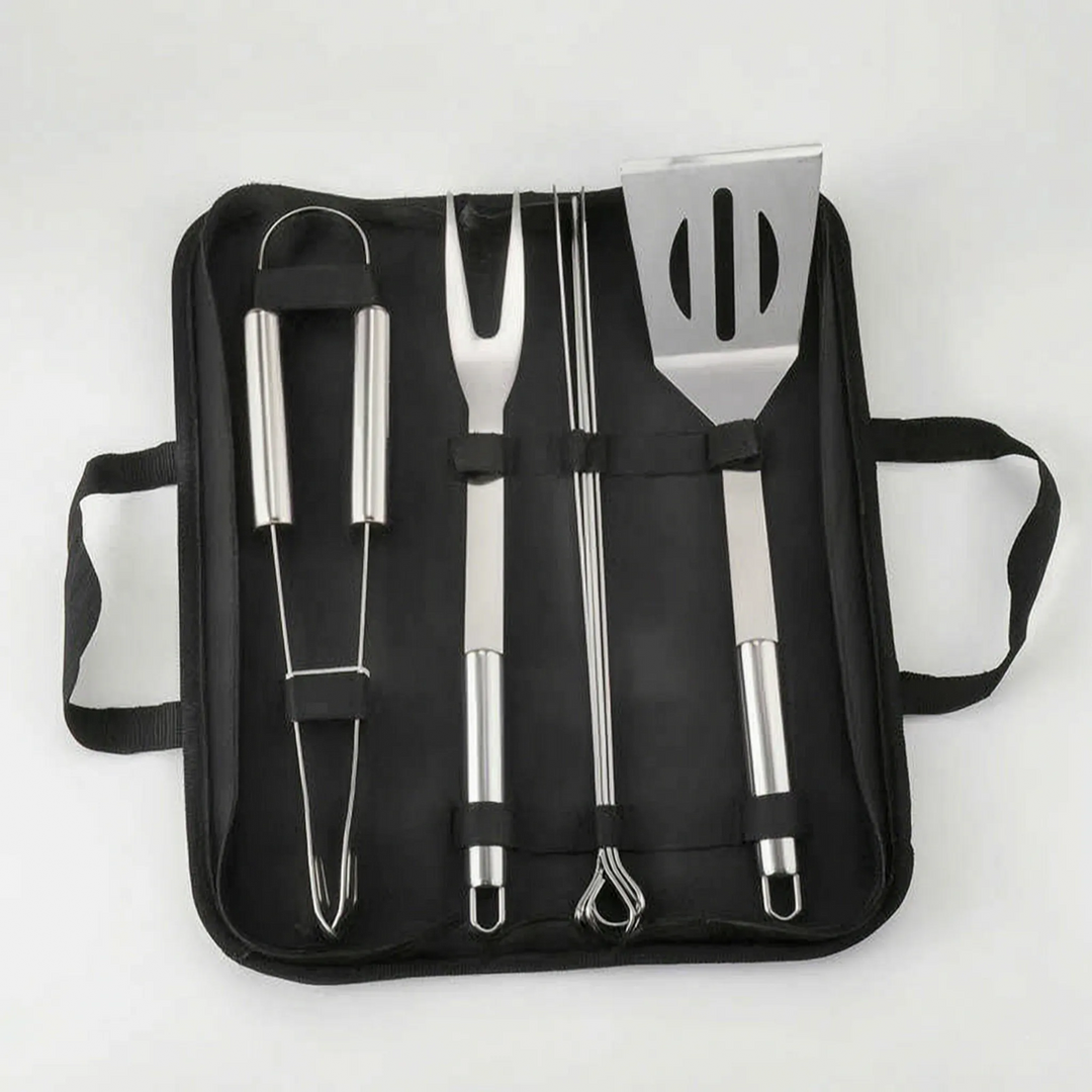 Stainless steel BBQ utensils: spatula, tongs, and fork, designed for outdoor grilling portability.
