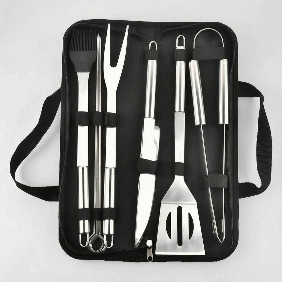 Heavy-duty portable barbecue tool set for backyard BBQs, camping, and outdoor cooking needs.