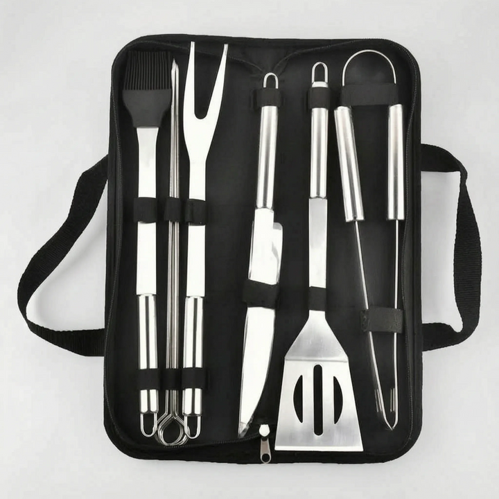 Heavy-duty portable barbecue tool set for backyard BBQs, camping, and outdoor cooking needs.