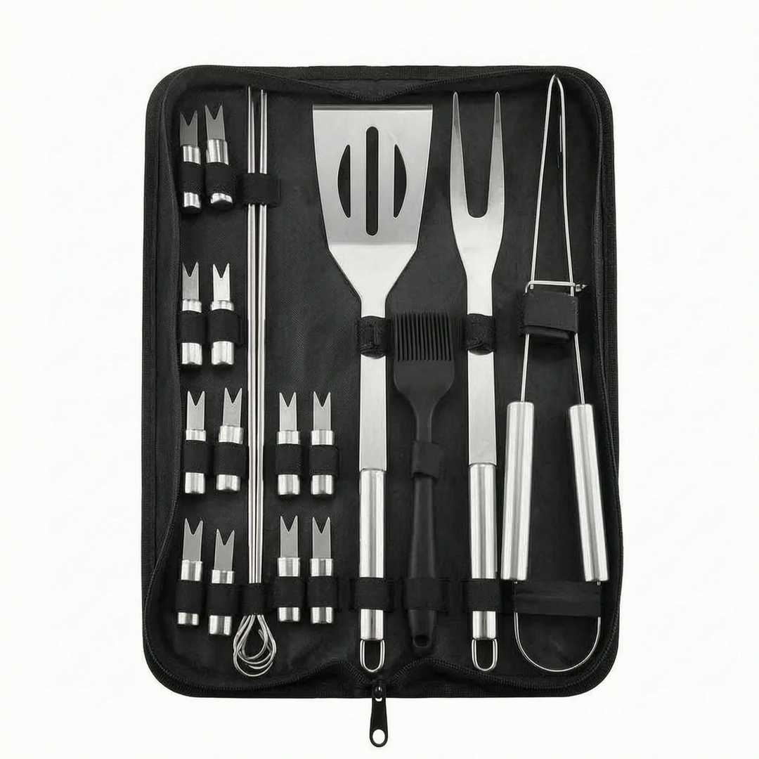 Convenient portable BBQ toolset, essential stainless steel utensils for all your outdoor grilling adventures.