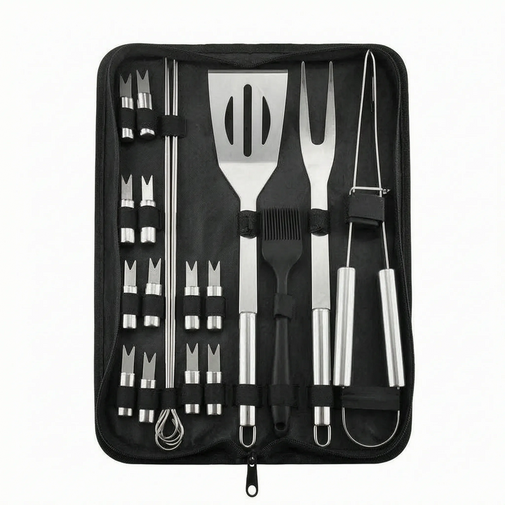 Convenient portable BBQ toolset, essential stainless steel utensils for all your outdoor grilling adventures.