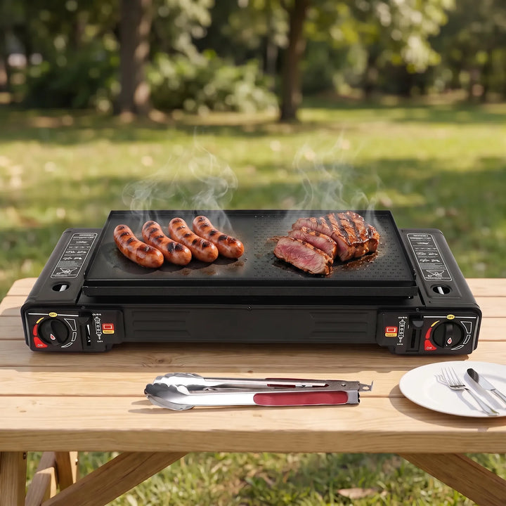 Portable outdoor two-burner propane stove, perfect for camping and outdoor cooking. Compact and efficient camp stove.