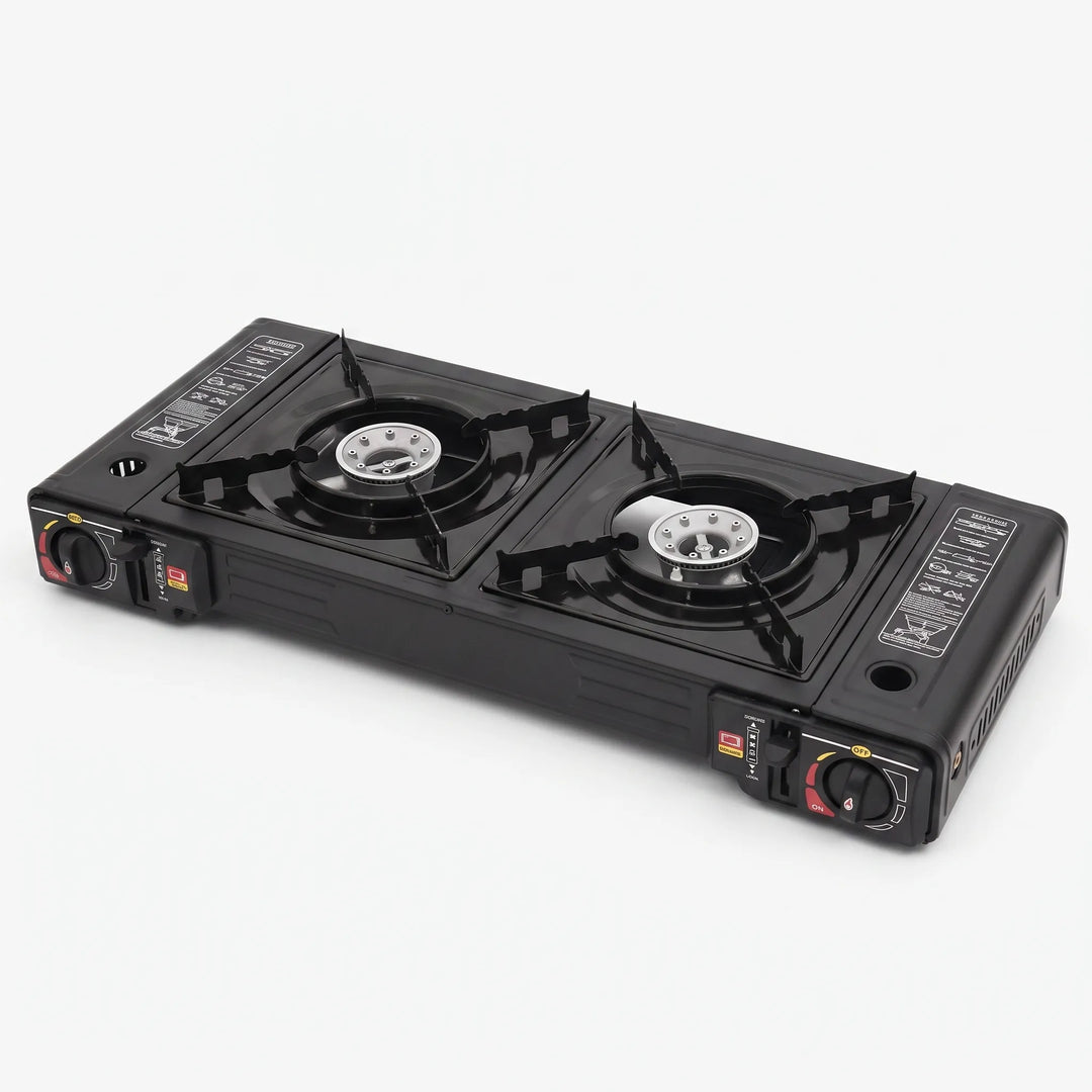 Efficient two-burner portable propane stove, ensuring reliable outdoor cooking for camping trips and picnics.