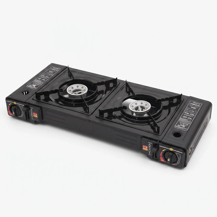 Efficient two-burner portable propane stove, ensuring reliable outdoor cooking for camping trips and picnics.