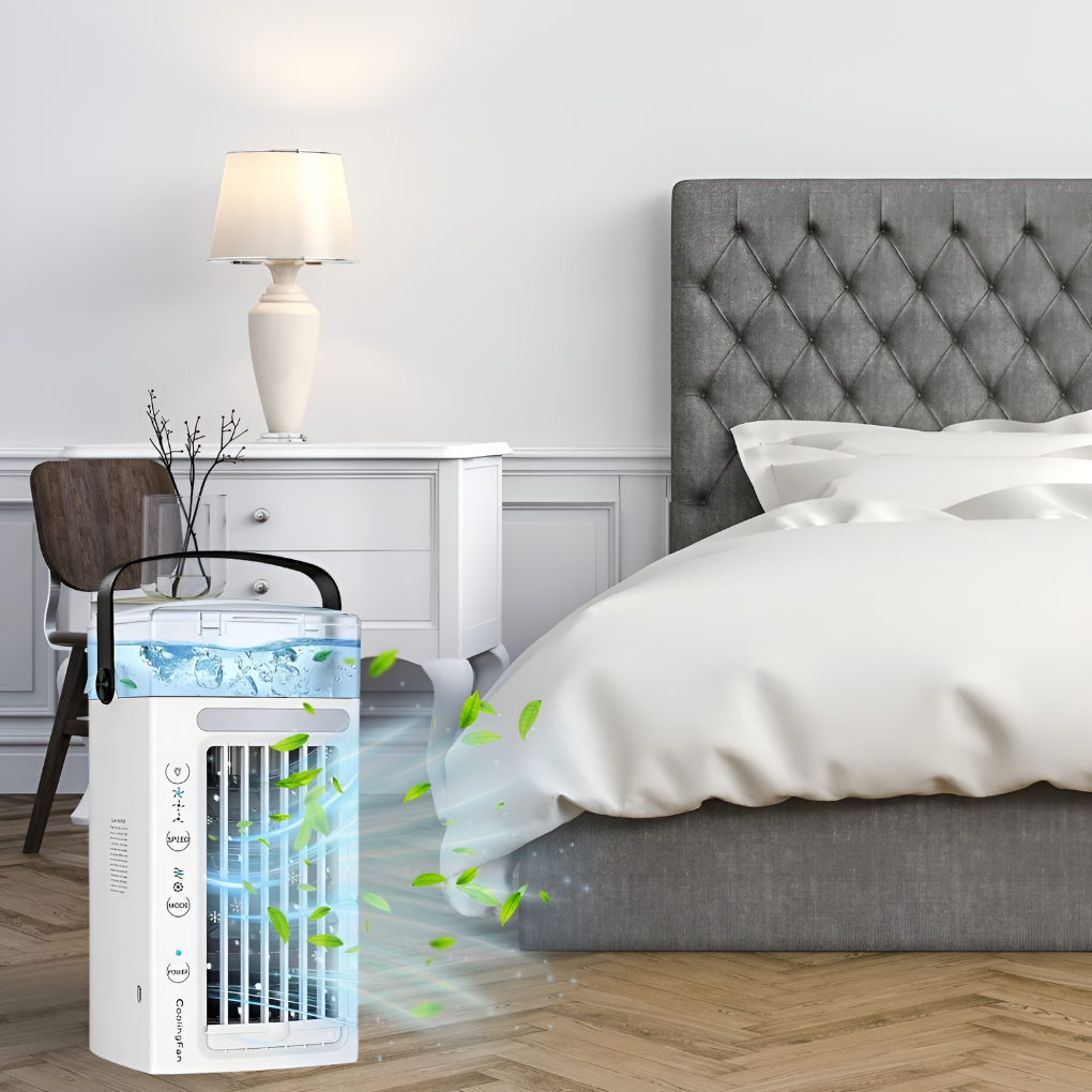 Portable personal air cooler with easy carry handle, ideal for desk, office, or home cooling. Compact summer essential.