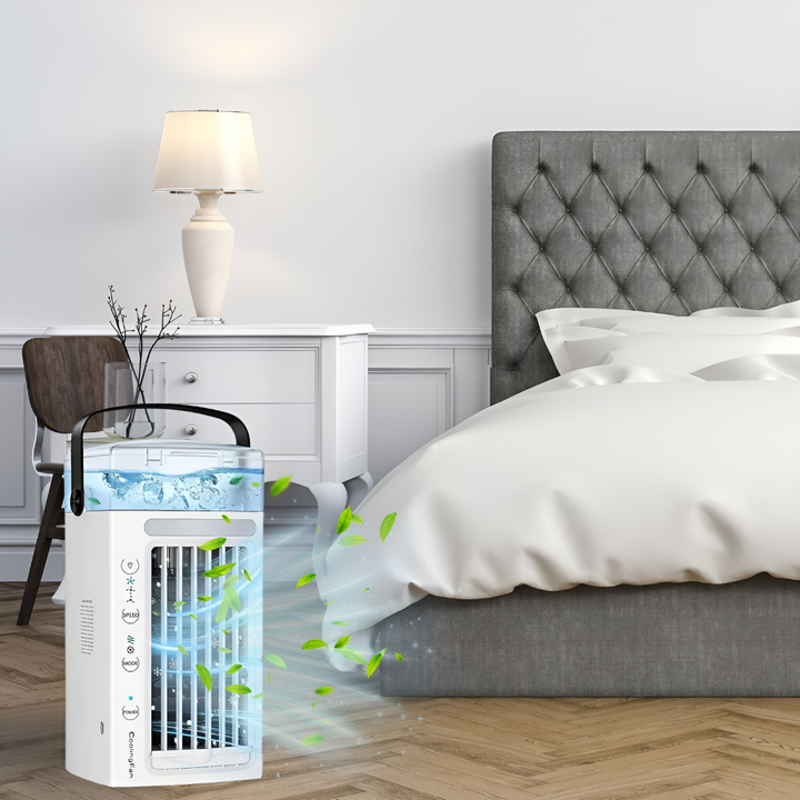 Portable personal air cooler with easy carry handle, ideal for desk, office, or home cooling. Compact summer essential.