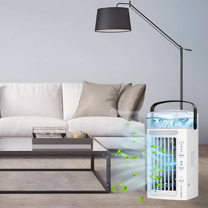Sleek geometric mini personal air cooler, portable desk fan with handle for office & home. Compact summer cooling.