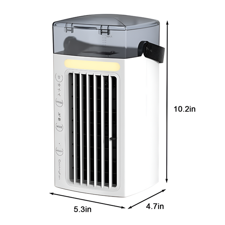 Compact portable personal air cooler & fan with easy-carry handle. Perfect for office, desk, and home summer cooling.