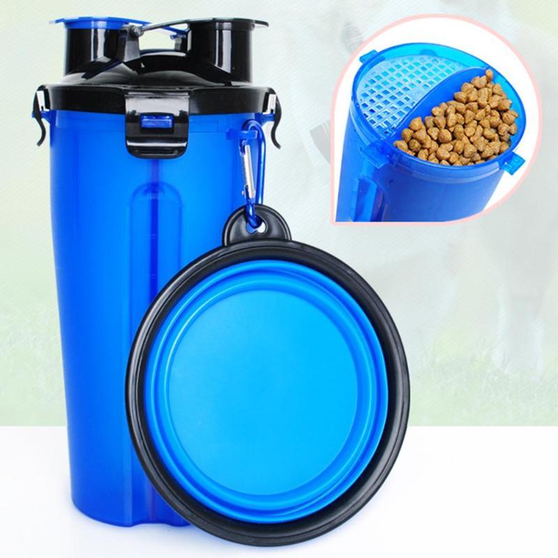 2-in-1 PawBuddy portable pet bottle for water & food, essential outdoor gear for dog walking.