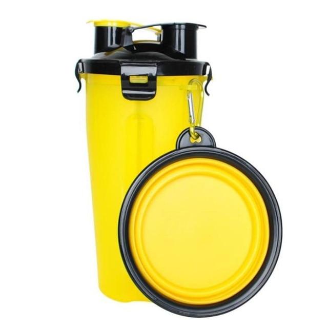Compact pet travel bottle for hydration & feeding, featuring dual compartments for water & food.