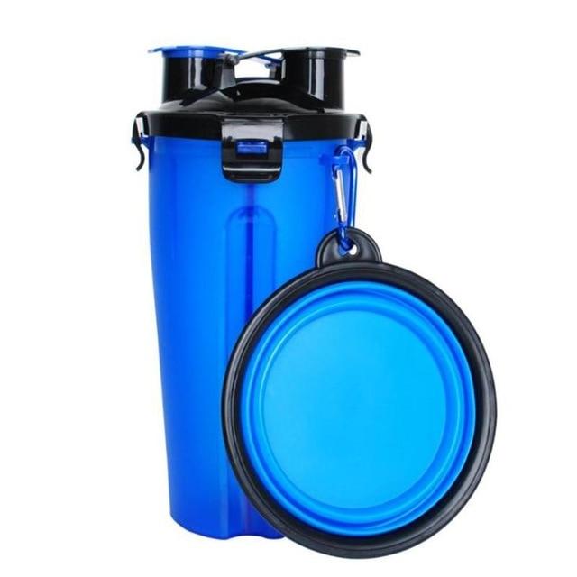 Outdoor pet gear: portable water bottle and food dispenser, ideal for dog walks & travel adventures.
